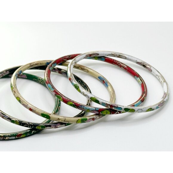 5 Floral Cloisonne Enamel Bangle Bracelets Red, Green, White, Black, Ivory - Picture 4 of 7